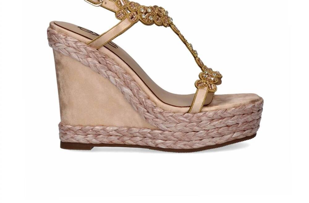 NEW EXE women's rhinestone t-strap espadrille wedge sandal in champagne